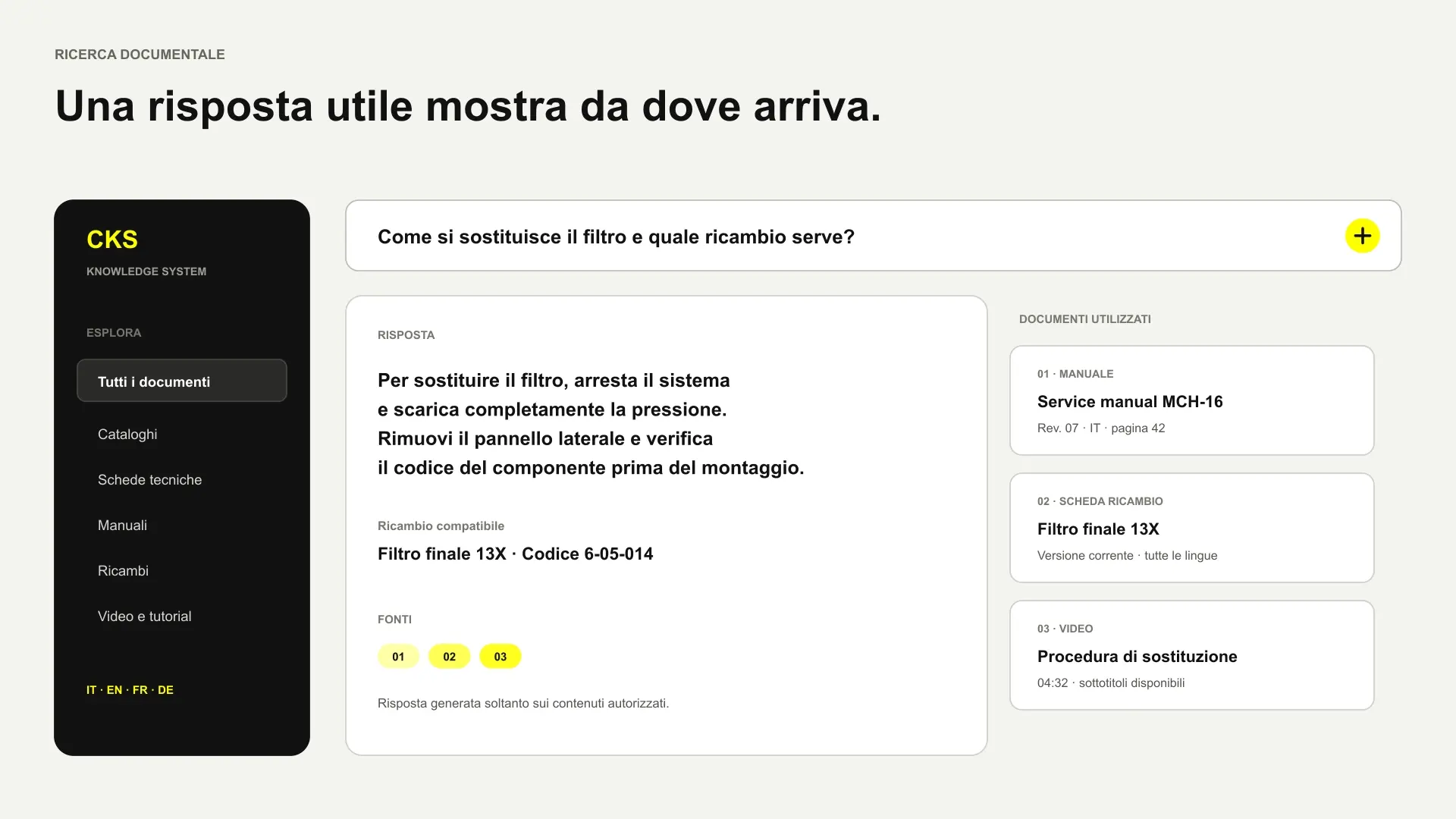 Interfaccia concettuale di ricerca documentale con risposta, fonti, versioni e lingue